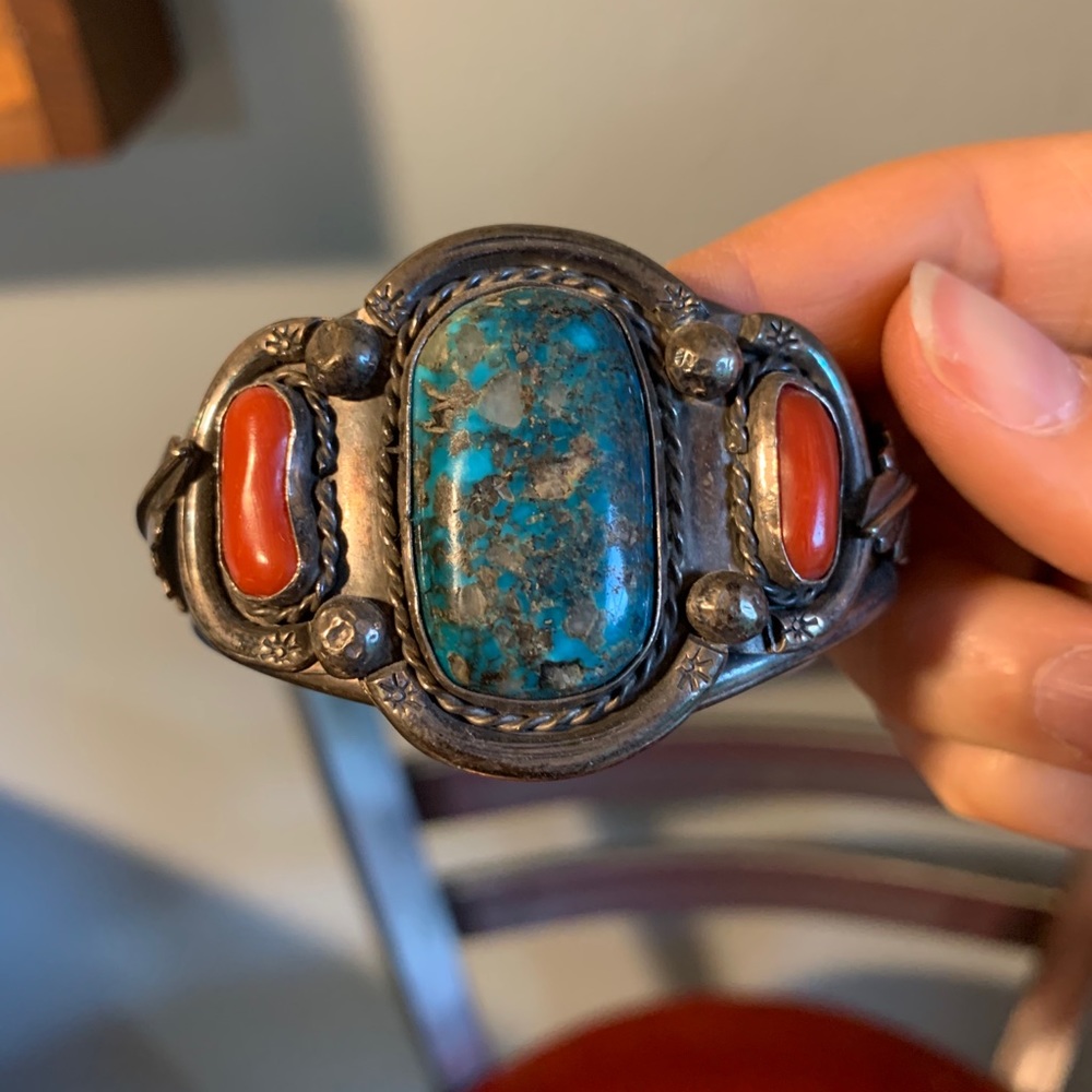 Turquoise and coral silver bracelet
